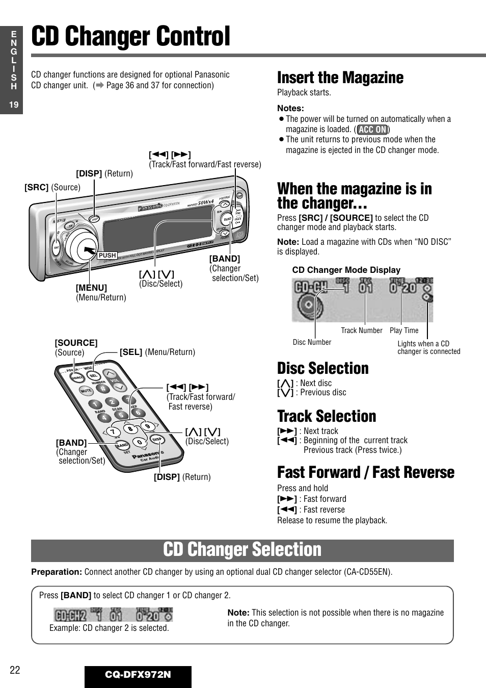 Cd changer control, Cd changer selection, When the magazine is in the changer | Disc selection, Track selection, Fast forward / fast reverse, Insert the magazine, Cq-dfx972n | Philips CQ-DFX972N User Manual | Page 22 / 46