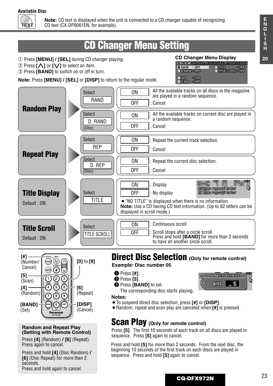 Cd changer menu setting, Scan play, Direct disc selection | Random play, Repeat play, Title display, Title scroll | Philips CQ-DFX972N User Manual | Page 23 / 46