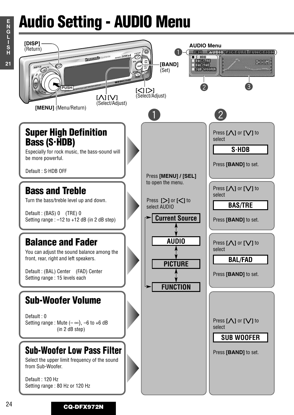 Audio setting - audio menu, Balance and fader, Bass and treble | Sub-woofer volume, Super high definition bass (s·hdb), Sub-woofer low pass filter, Qw e, S·hdb, Bas/tre, Bal/fad | Philips CQ-DFX972N User Manual | Page 24 / 46
