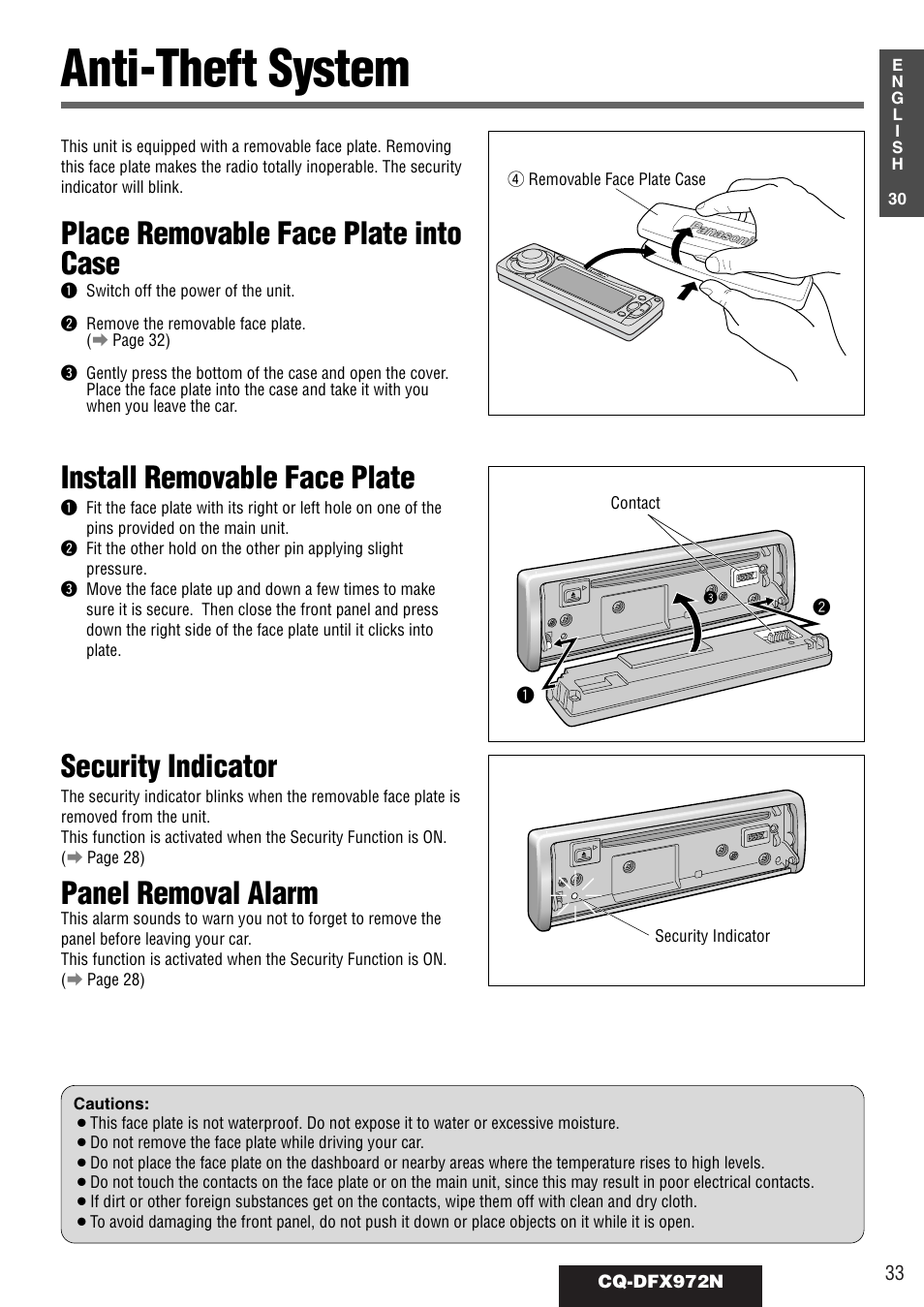 Anti-theft system, Place removable face plate into case, Install removable face plate | Security indicator, Panel removal alarm | Philips CQ-DFX972N User Manual | Page 33 / 46