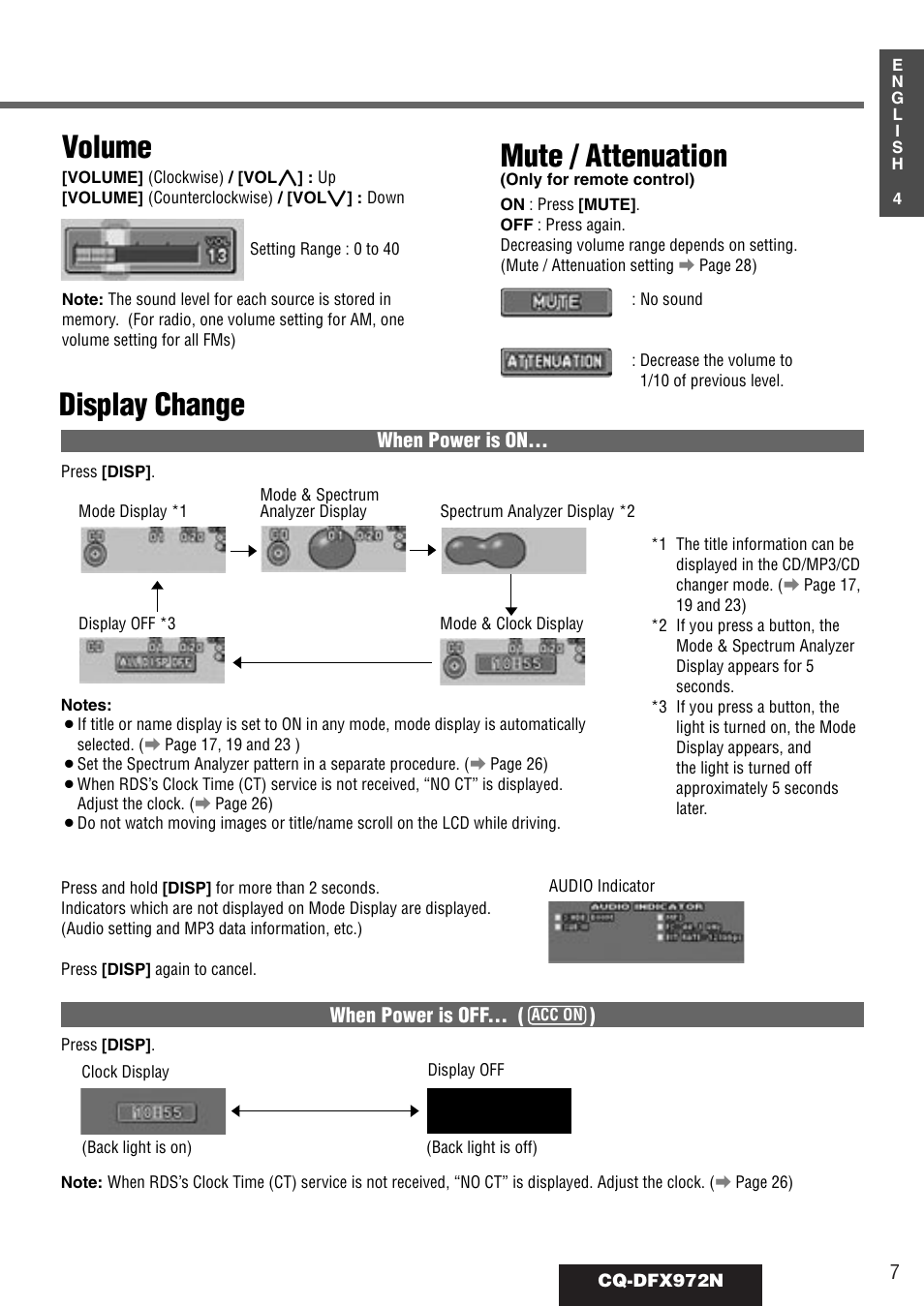 Volume, Mute / attenuation, Display change | Philips CQ-DFX972N User Manual | Page 7 / 46