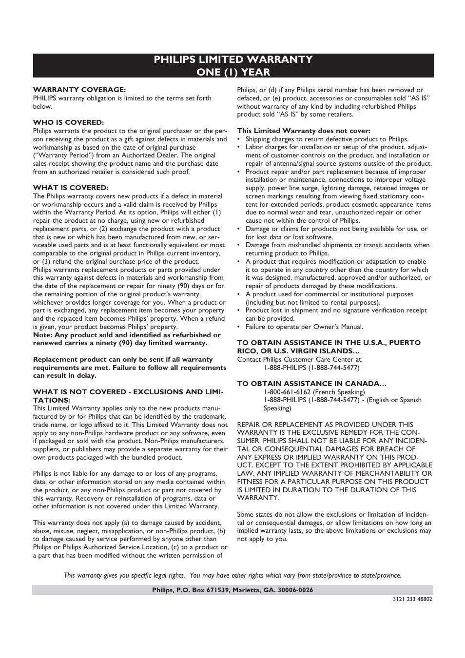 Philips limited warranty one (1) year | Philips STREAMIUN WACS7500 User Manual | Page 103 / 127