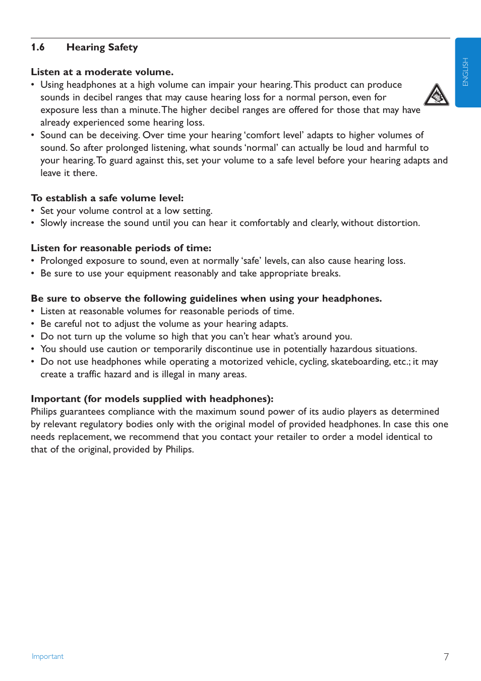 6 hearing safety, Hearing safety | Philips STREAMIUN WACS7500 User Manual | Page 11 / 127