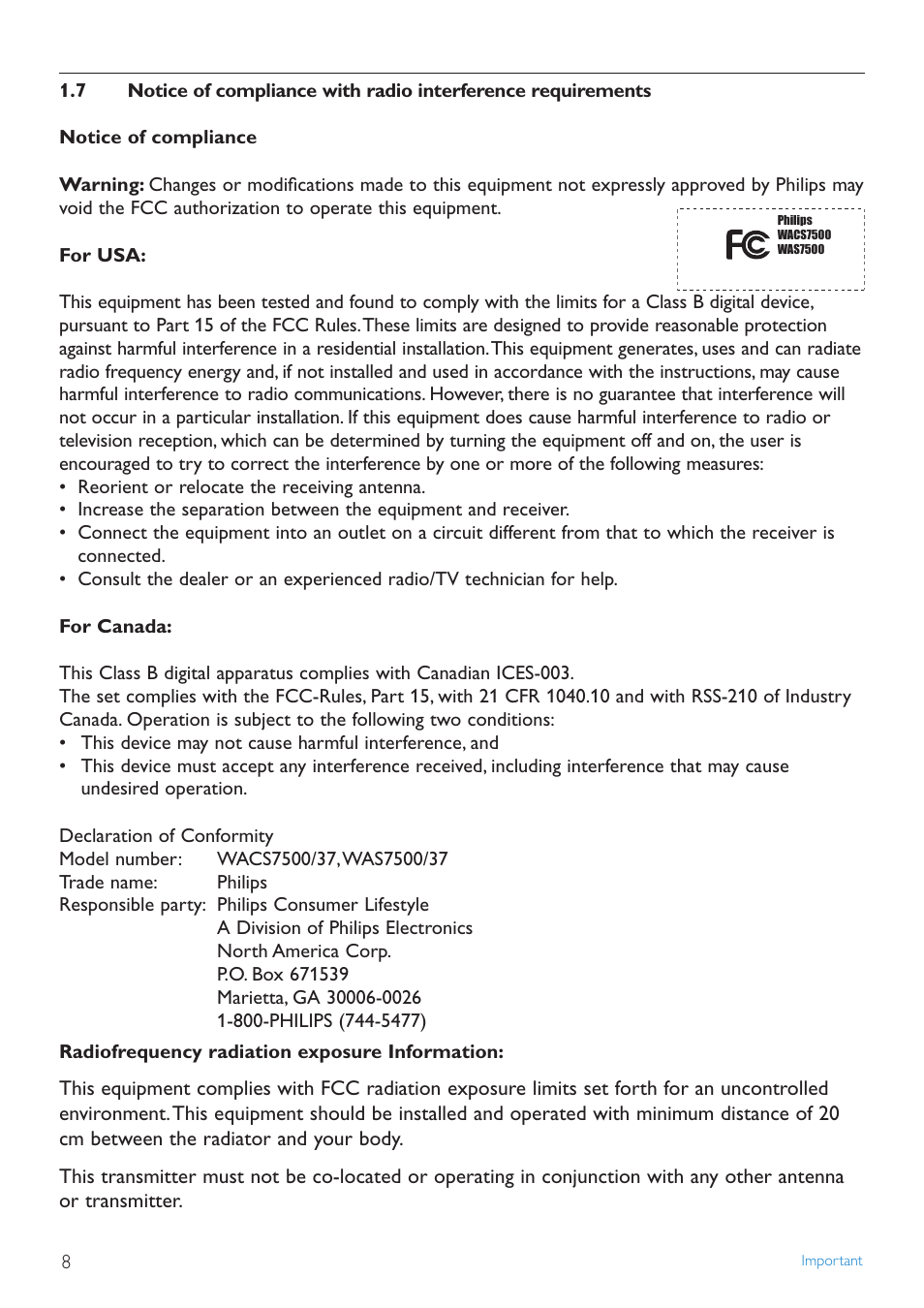 7 legal-usa and canada-not, 8 eu-notice of compliance, 9 legal-class 2 label | Legal-class 2 label | Philips STREAMIUN WACS7500 User Manual | Page 12 / 127