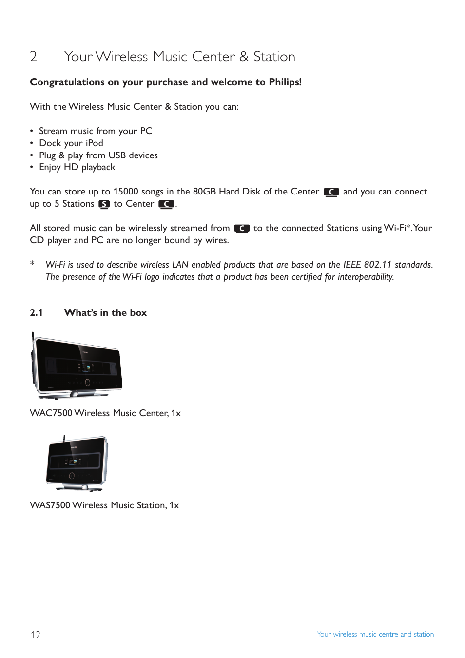 2 your wireless music center, 1 what’s in the box, Your wireless music center & station | What’s in the box, 2your wireless music center & station | Philips STREAMIUN WACS7500 User Manual | Page 16 / 127