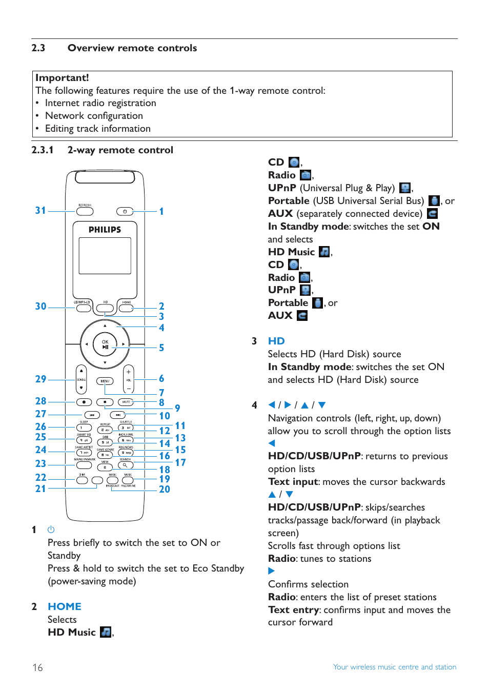 3 overview remote controls, 1 2-way remote control, Overview remote controls | Way remote control | Philips STREAMIUN WACS7500 User Manual | Page 20 / 127