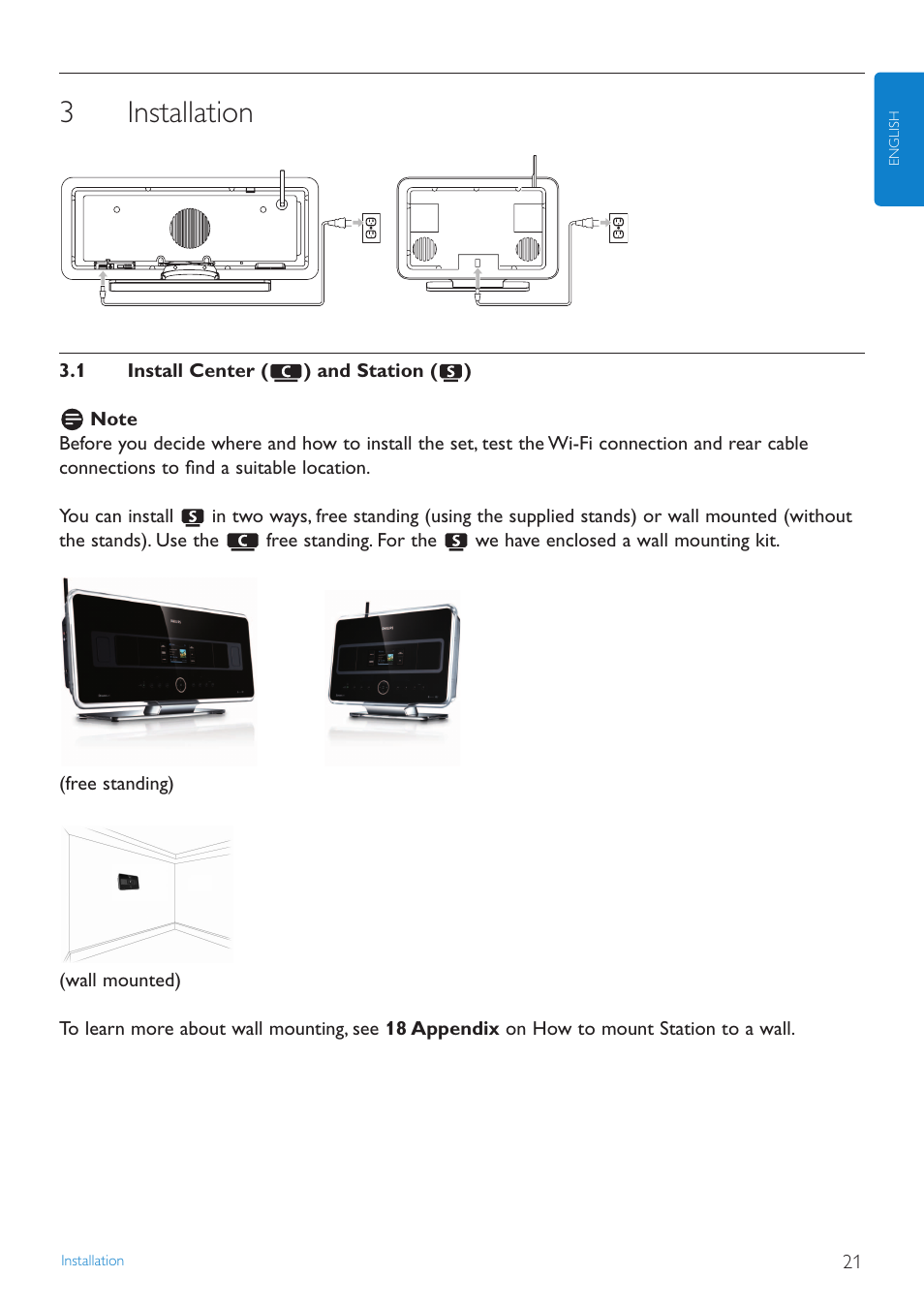 3 installation, 1 install center and station, Installation | Install center and station, 3installation | Philips STREAMIUN WACS7500 User Manual | Page 25 / 127