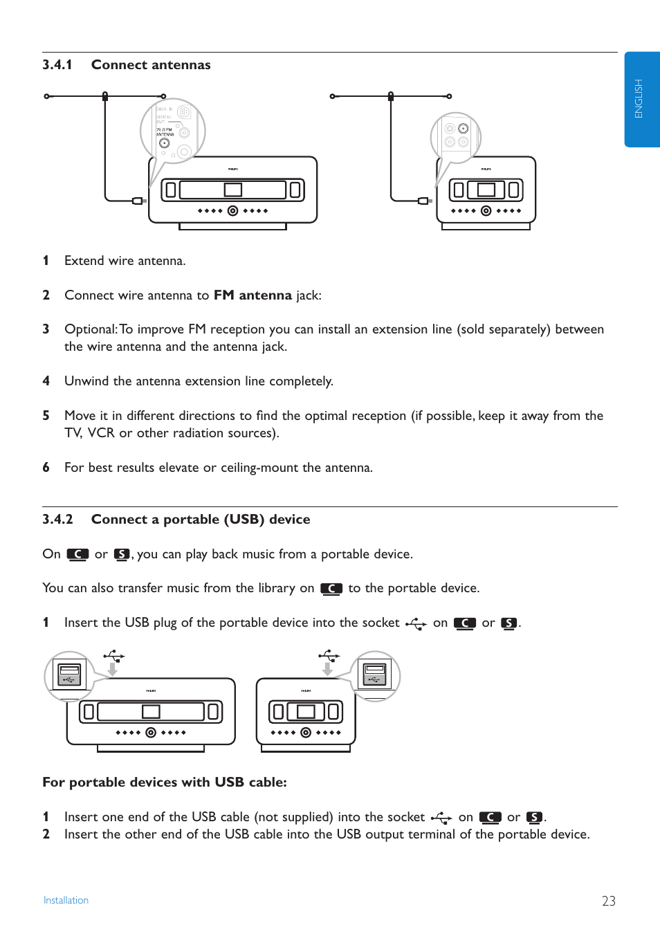 1 connect antennas, 2 connect a portable (us, Connect antennas | Connect a portable (usb) device | Philips STREAMIUN WACS7500 User Manual | Page 27 / 127