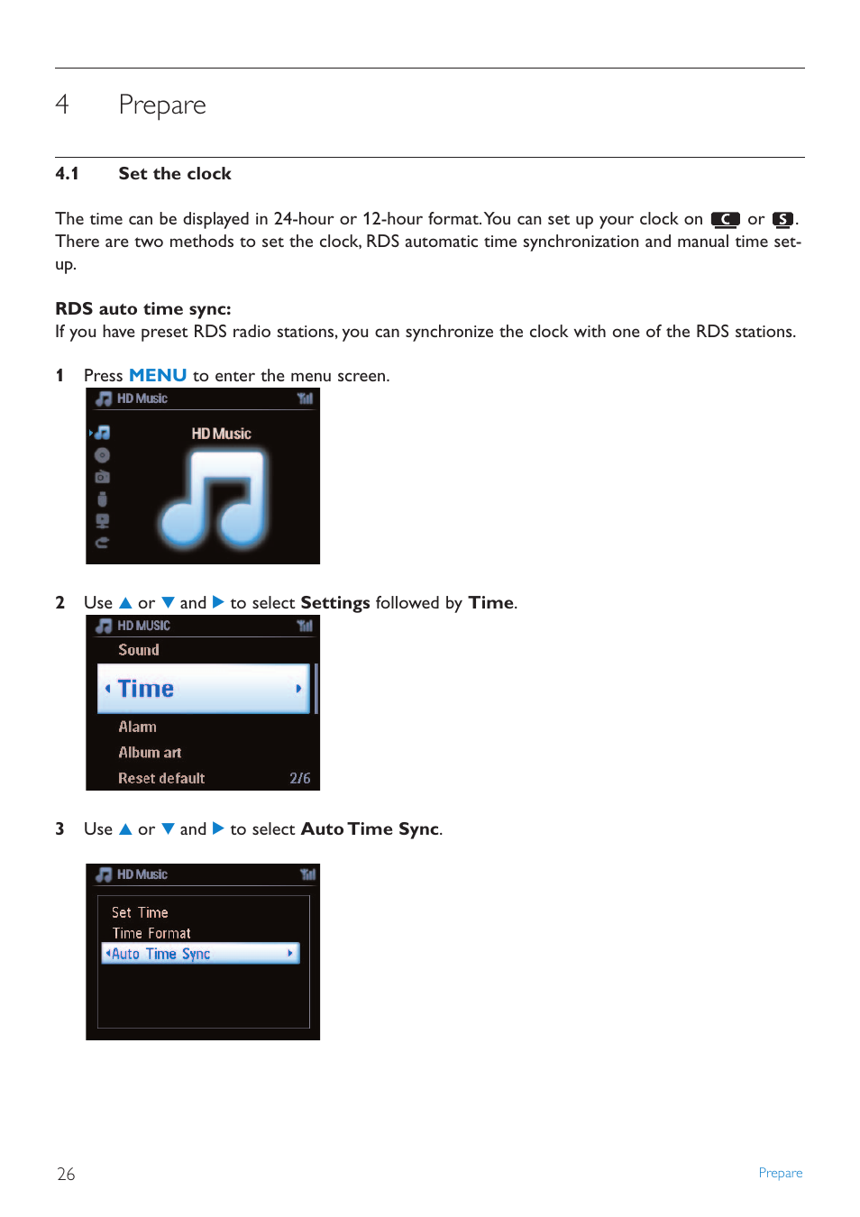 4 prepare, 1 set the clock, Prepare | Set the clock, 4prepare | Philips STREAMIUN WACS7500 User Manual | Page 30 / 127