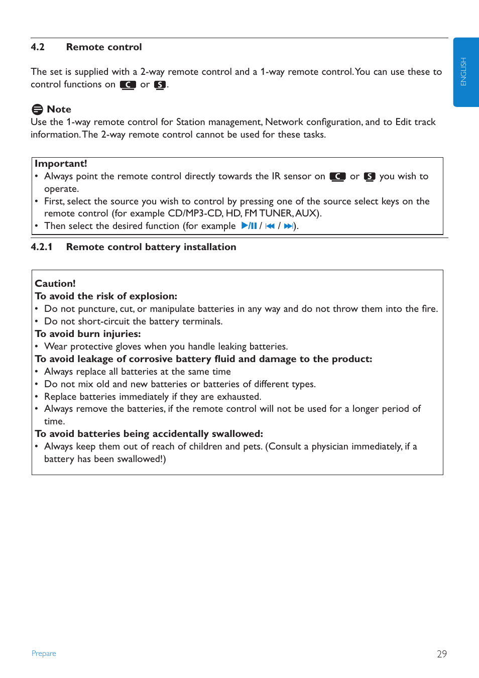 2 remote control, 1 remote control battery, Remote control | Remote control battery installation | Philips STREAMIUN WACS7500 User Manual | Page 33 / 127