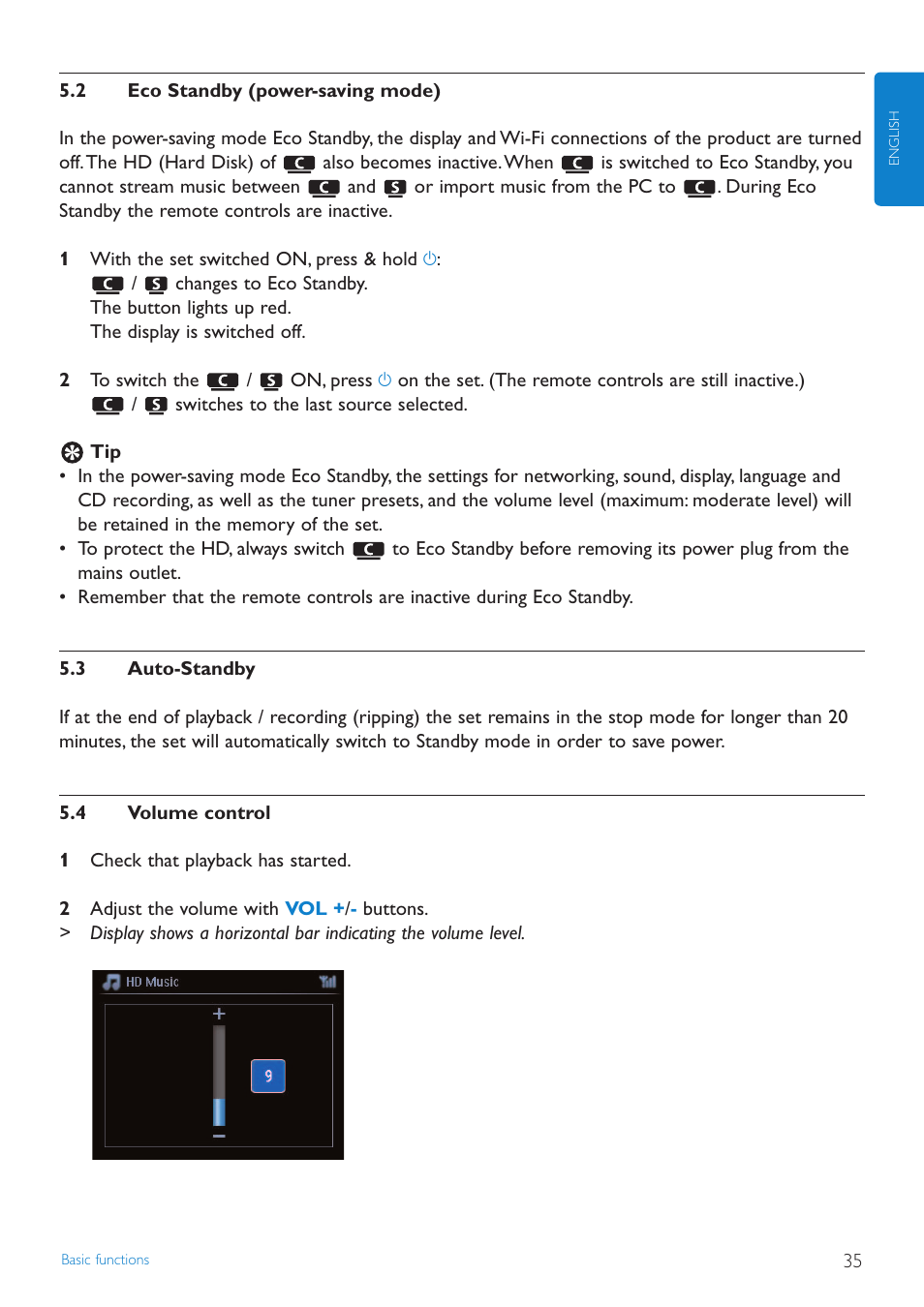 2 eco standby (power-savin, 3 auto-standby, 4 volume control | Eco standby (power-saving mode), Auto-standby, Volume control | Philips STREAMIUN WACS7500 User Manual | Page 39 / 127