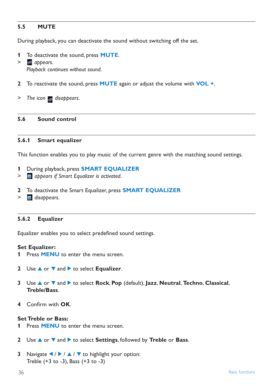 5 mute, 6 sound control, 1 smart equalizer | 2 equalizer, Mute, Sound control, Smart equalizer, Equalizer | Philips STREAMIUN WACS7500 User Manual | Page 40 / 127