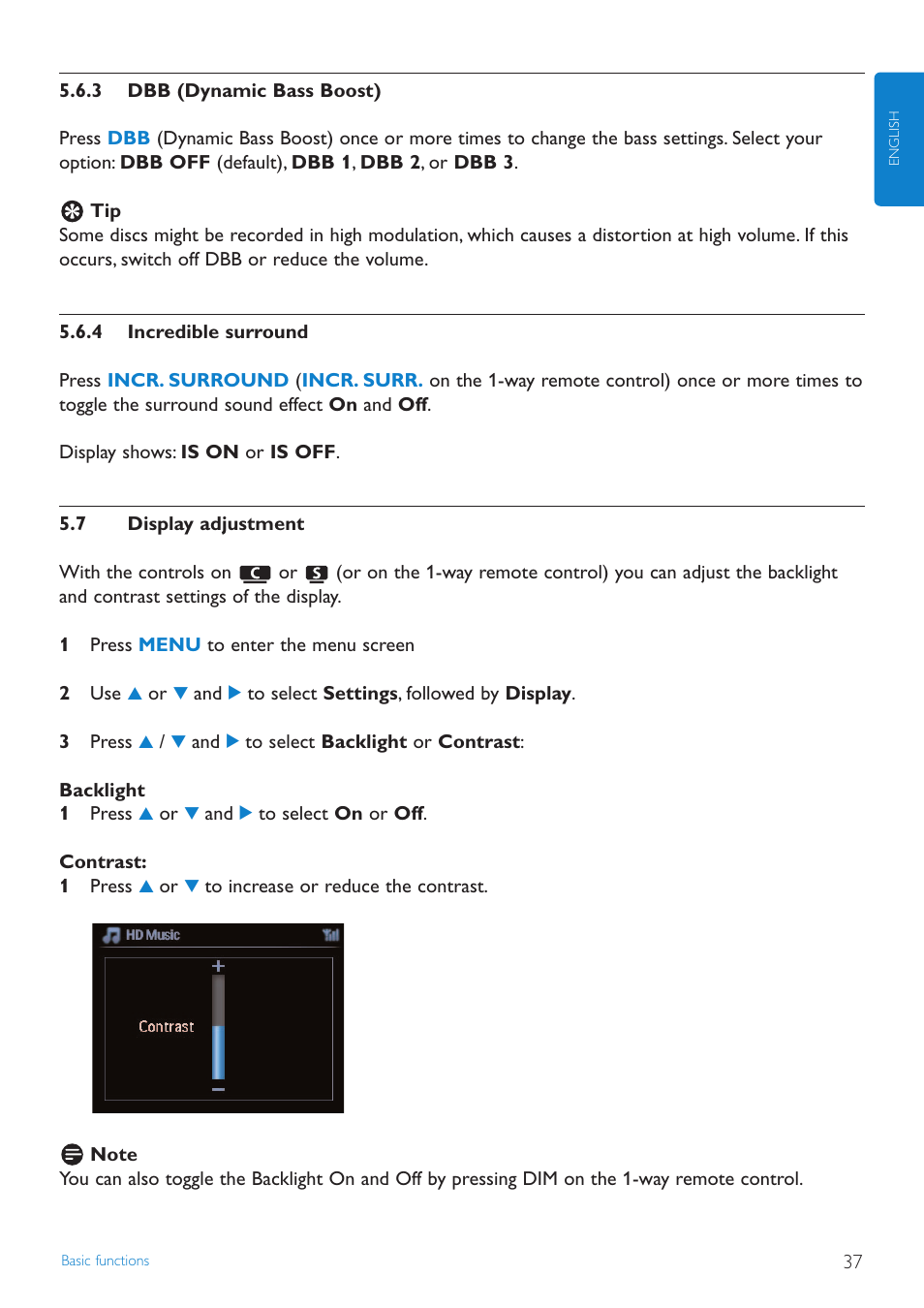 3 dbb (dynamic bass boost, 4 incredible surround, 7 display adjustment | Dbb (dynamic bass boost), Incredible surround, Display adjustment | Philips STREAMIUN WACS7500 User Manual | Page 41 / 127