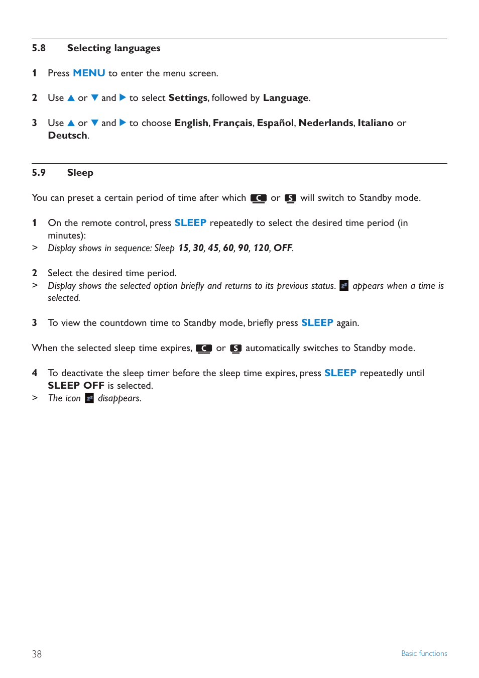 8 selecting languages, 9 sleep, Selecting languages | Sleep | Philips STREAMIUN WACS7500 User Manual | Page 42 / 127