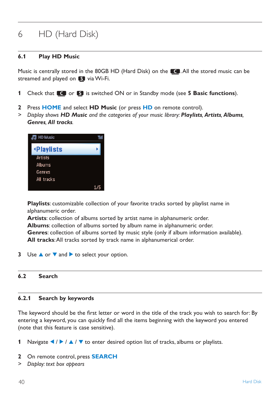 6 hd (hard disk, 1 play hd music, 2 search | 1 search by keywords, Hd (hard disk), Play hd music, Search, Search by keywords, 6hd (hard disk) | Philips STREAMIUN WACS7500 User Manual | Page 44 / 127