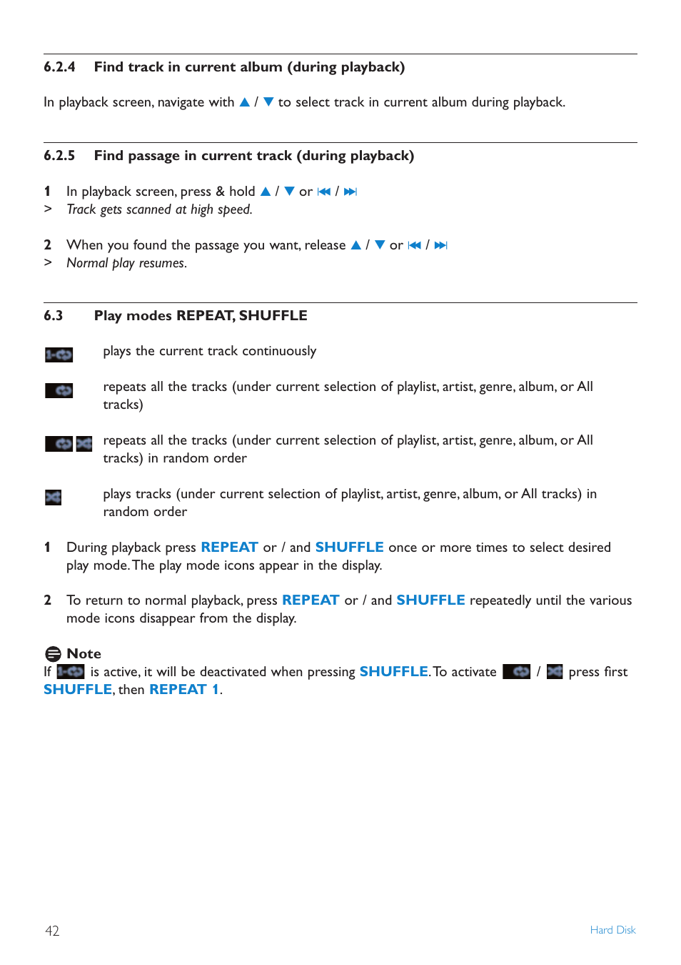 4 find track in current, 5 find passage in curren, 3 play modes repeat, shuffle | Find track in current album (during playback), Find passage in current track (during playback), Play modes repeat, shuffle | Philips STREAMIUN WACS7500 User Manual | Page 46 / 127