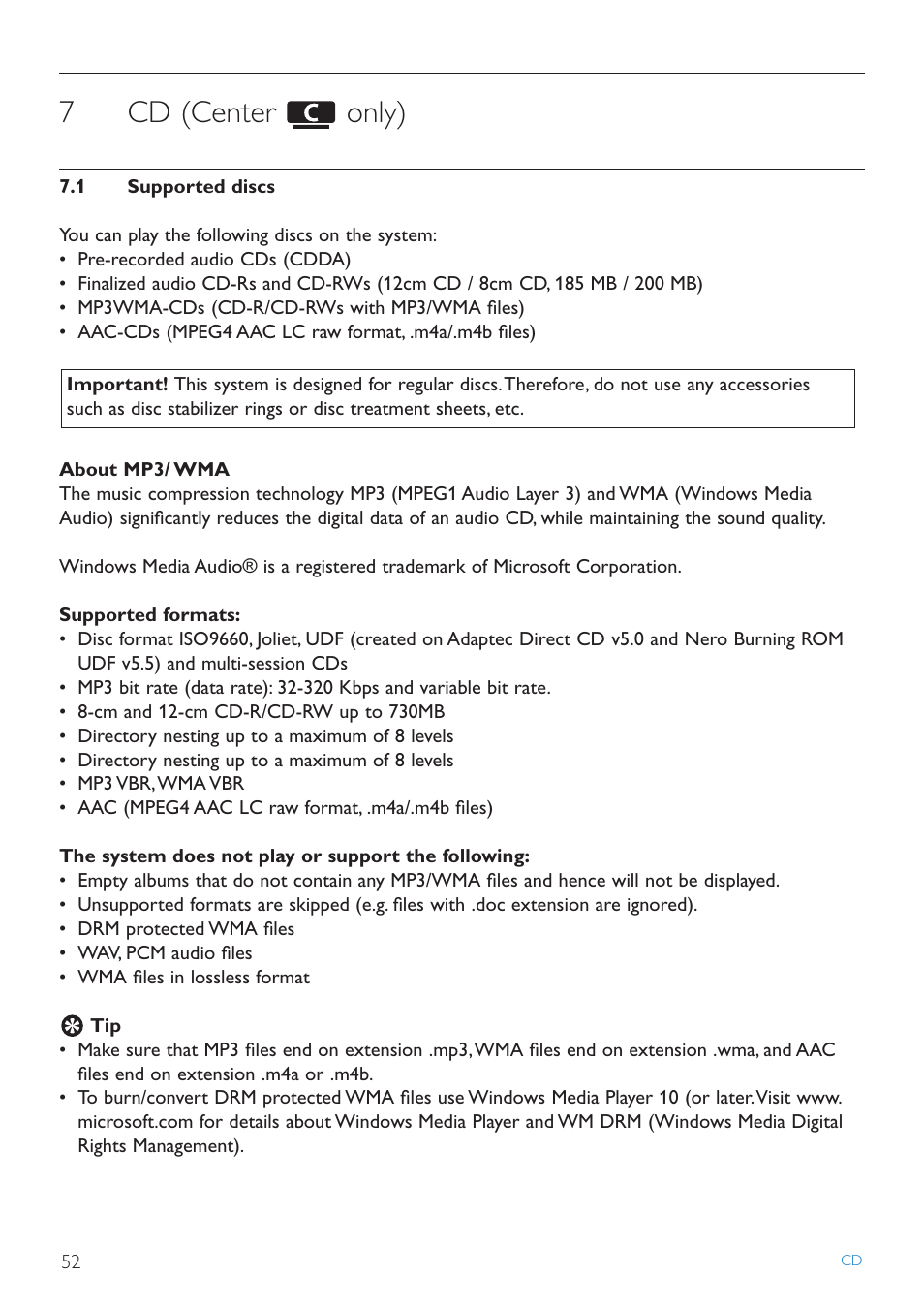 7 cd (center only, 1 supported discs, Cd (center only) | Supported discs, 7cd (center only) | Philips STREAMIUN WACS7500 User Manual | Page 56 / 127