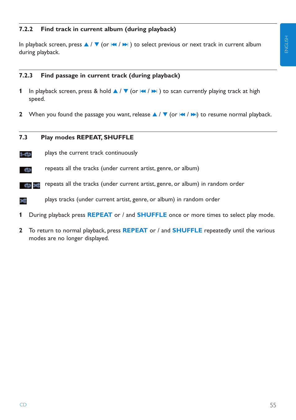 2 find track in current, 3 find passage in curren, 3 play modes repeat, shuffle | Find track in current album (during playback), Find passage in current track (during playback), Play modes repeat, shuffle | Philips STREAMIUN WACS7500 User Manual | Page 59 / 127