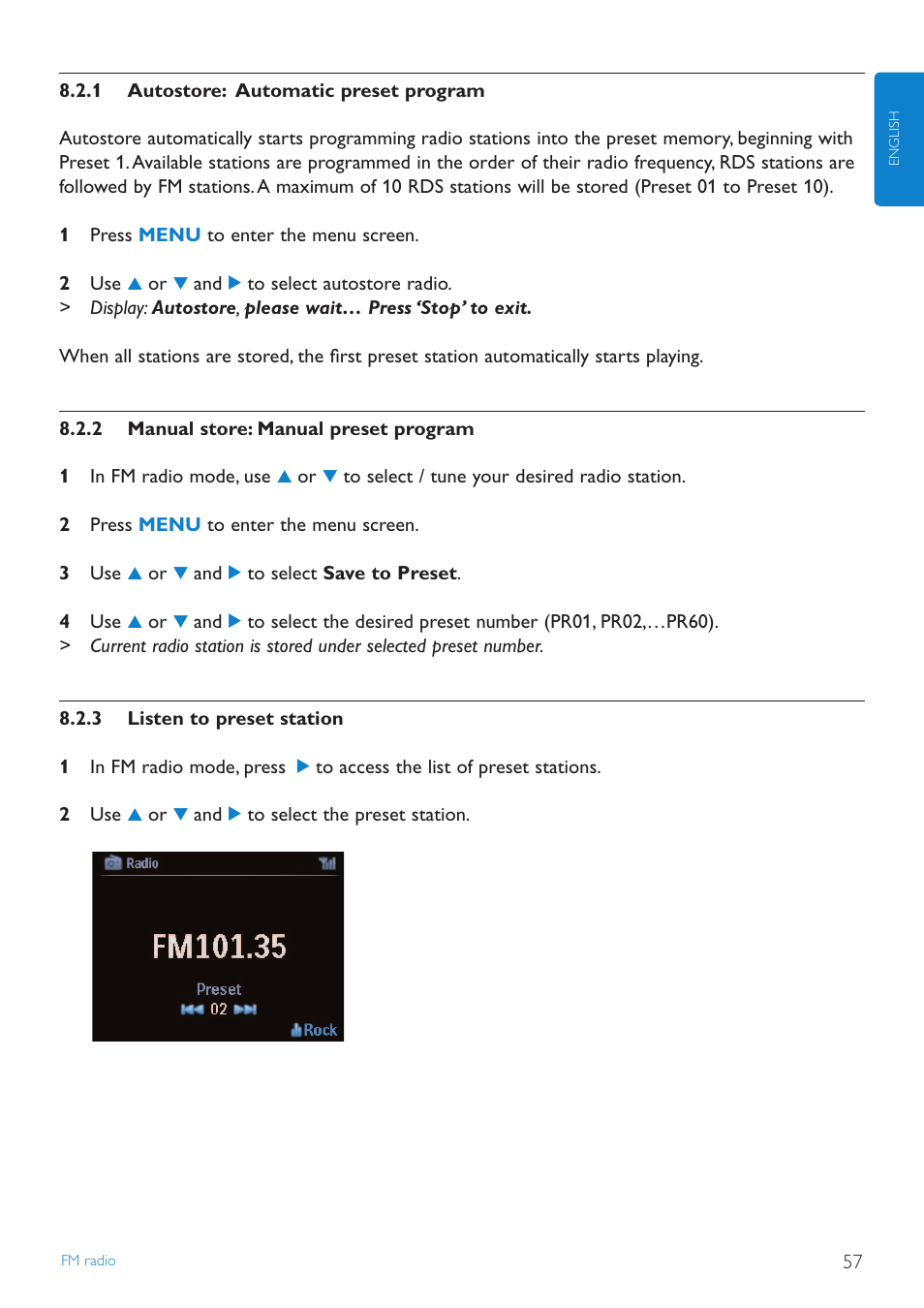 1 autostore: automatic, 2 manual store: manual p, 3 listen to preset station | Autostore: automatic preset program 57, Manual store: manual preset program, Listen to preset station | Philips STREAMIUN WACS7500 User Manual | Page 61 / 127