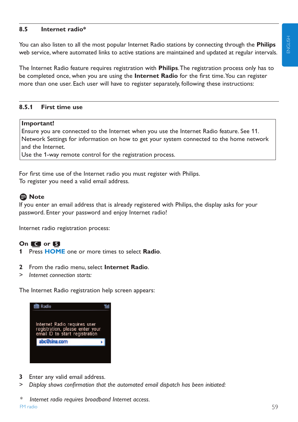 5 internet radio, 1 first time use, Internet radio | First time use | Philips STREAMIUN WACS7500 User Manual | Page 63 / 127