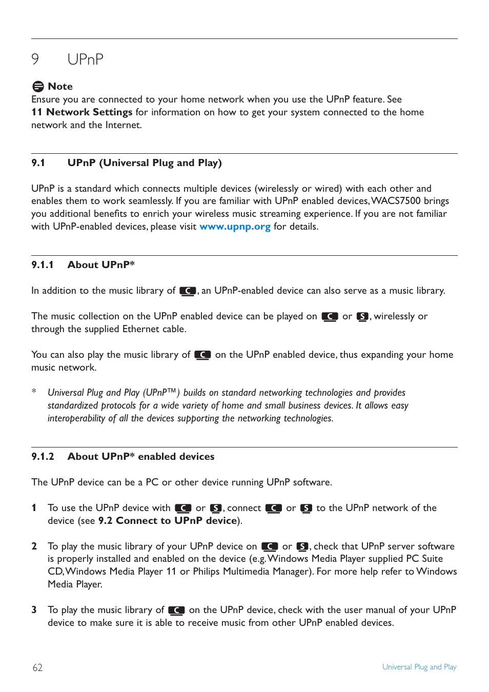 9 upnp, 1 upnp (universal plug and, 1 about upnp | 2 about upnp* enabled de, Upnp, Upnp (universal plug and play), About upnp, About upnp* enabled devices, 9upnp | Philips STREAMIUN WACS7500 User Manual | Page 66 / 127