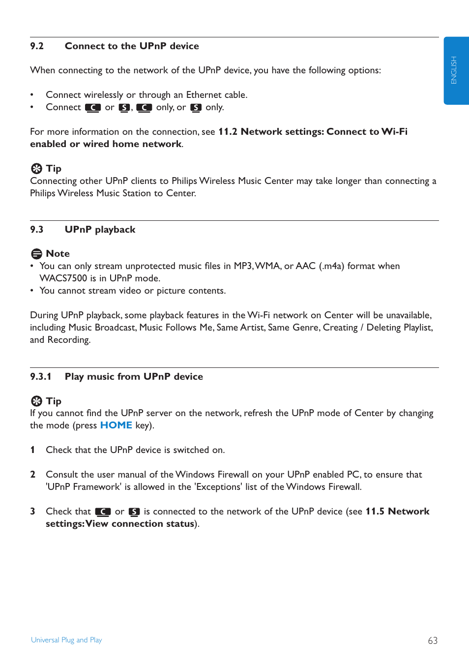 2 connect to the upnp device, 3 upnp playback, 1 play music from upnp d | Connect to the upnp device, Upnp playback, Play music from upnp device | Philips STREAMIUN WACS7500 User Manual | Page 67 / 127