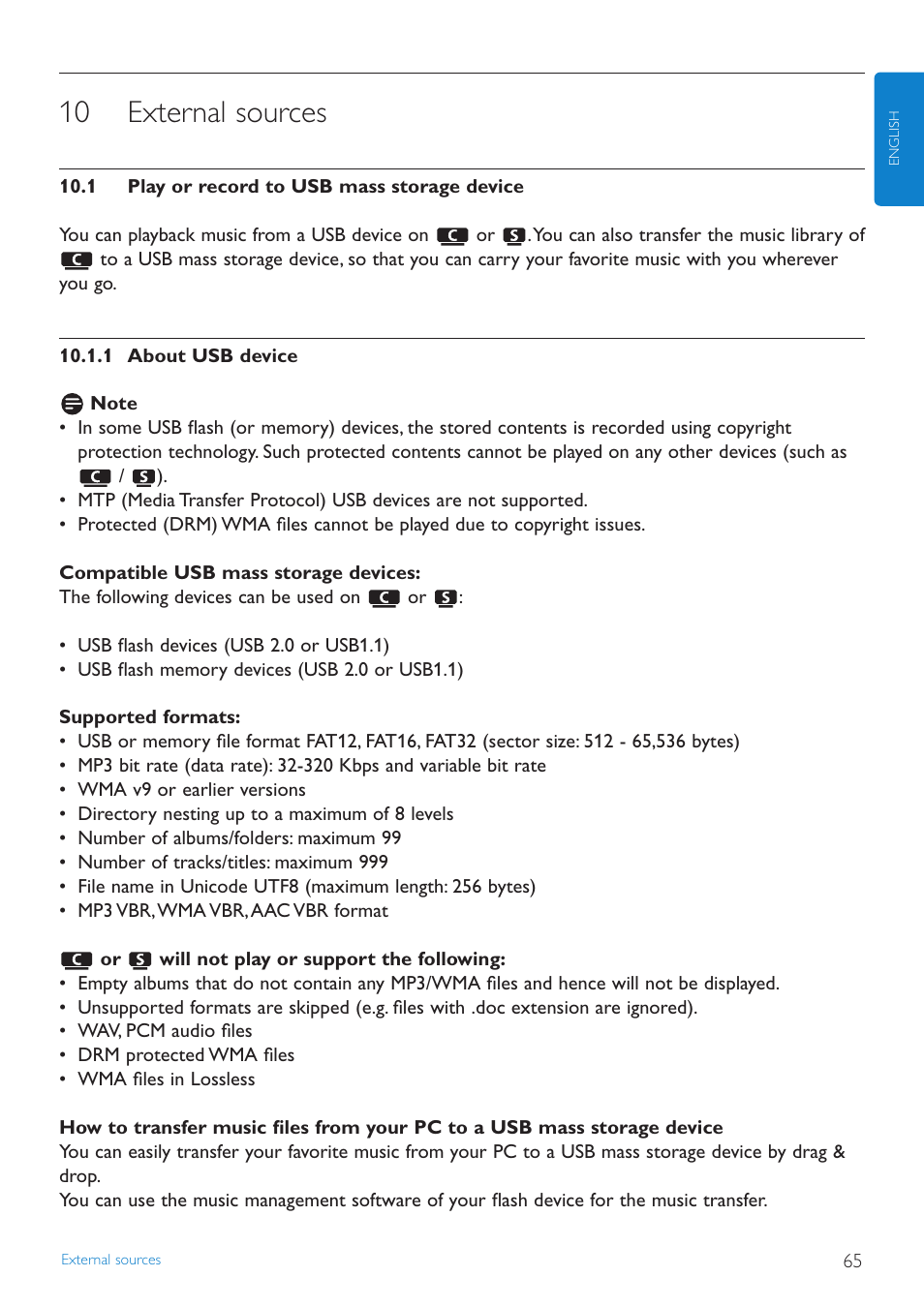 10 external sources, 1 play or record to usb m, 1 about usb device | External sources, Play or record to usb mass storage device | Philips STREAMIUN WACS7500 User Manual | Page 69 / 127