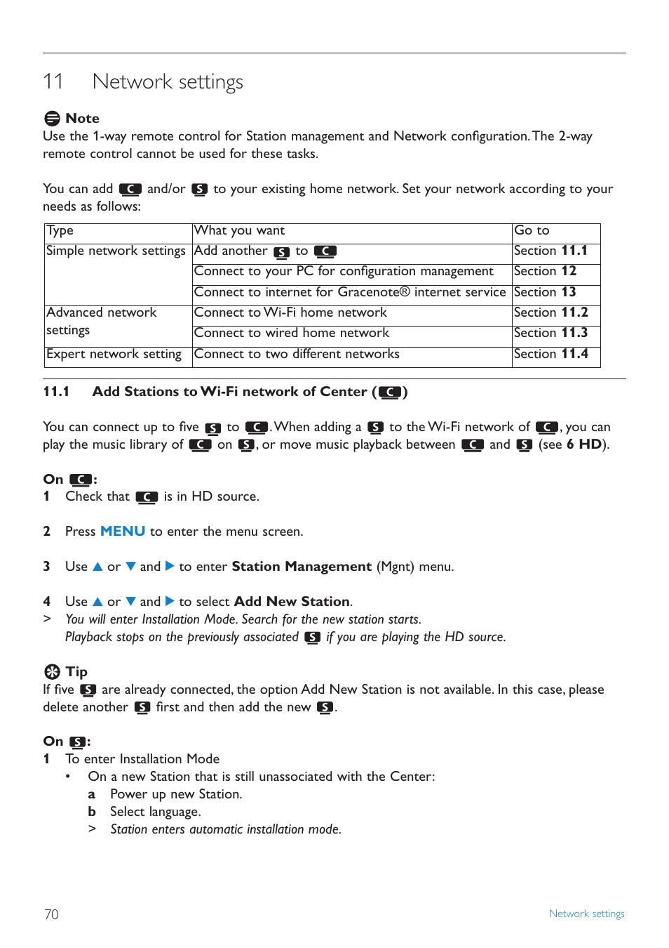 11 network settings, 1 add stations to wi-fi n, Network settings | Add stations to wi-fi network of center | Philips STREAMIUN WACS7500 User Manual | Page 74 / 127