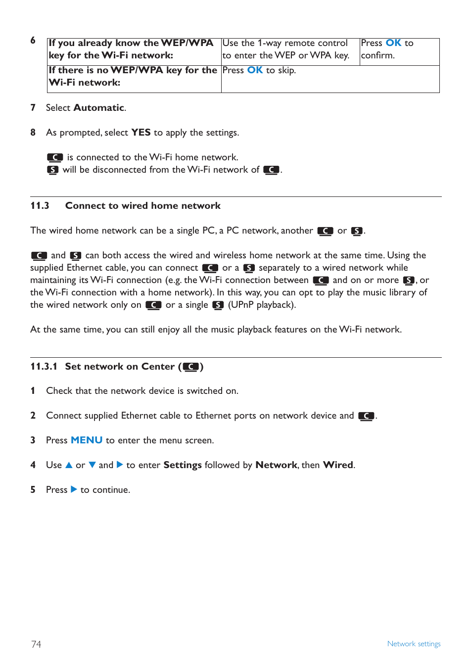 3 connect to wired home n, 1 set network on center, Connect to wired home network | Philips STREAMIUN WACS7500 User Manual | Page 78 / 127