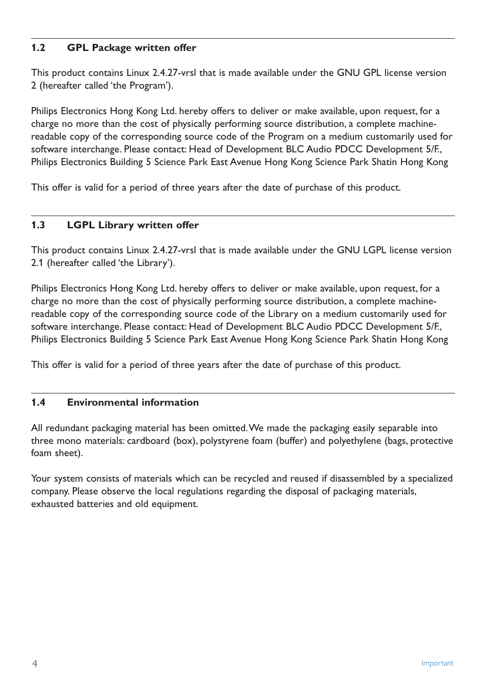 2 gpl package written offer, 3 lgpl library written offer, 4 environmental information | Gpl package written offer, Lgpl library written offer, Environmental information | Philips STREAMIUN WACS7500 User Manual | Page 8 / 127