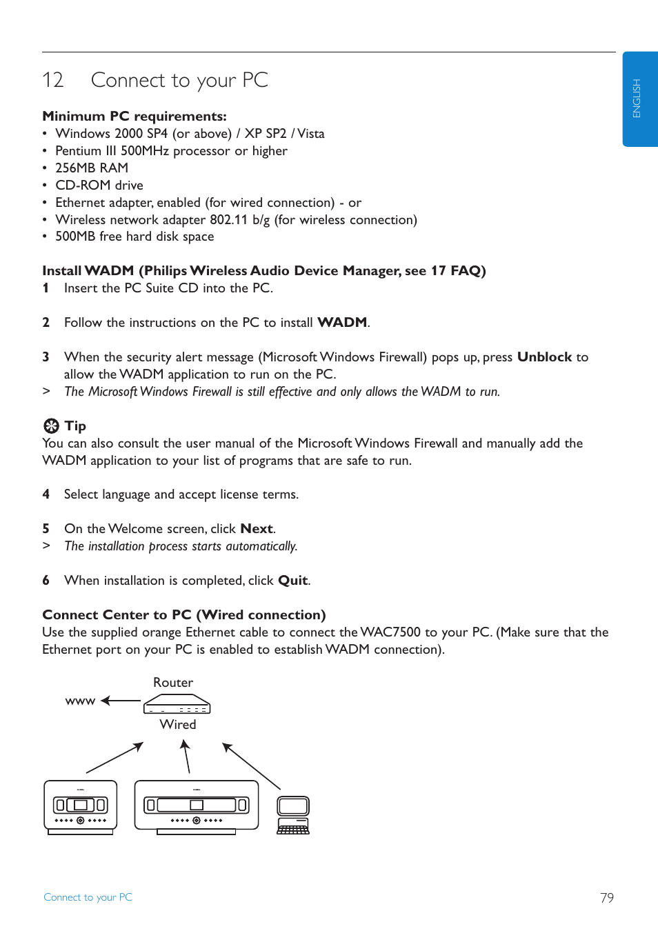 12 connect to your pc, Connect to your pc, See the section 12 connect to | Your pc in this man | Philips STREAMIUN WACS7500 User Manual | Page 83 / 127