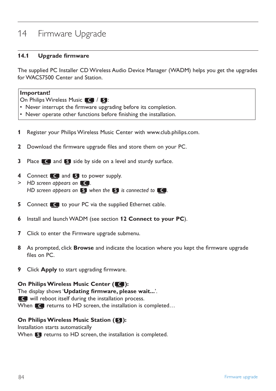 14 firmware upgrade, 1 upgrade firmware, Firmware upgrade | Upgrade firmware | Philips STREAMIUN WACS7500 User Manual | Page 88 / 127