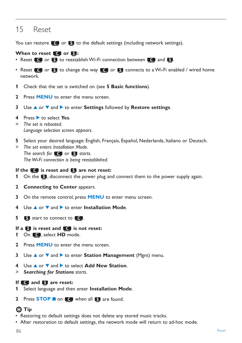 15 reset, Reset | Philips STREAMIUN WACS7500 User Manual | Page 90 / 127