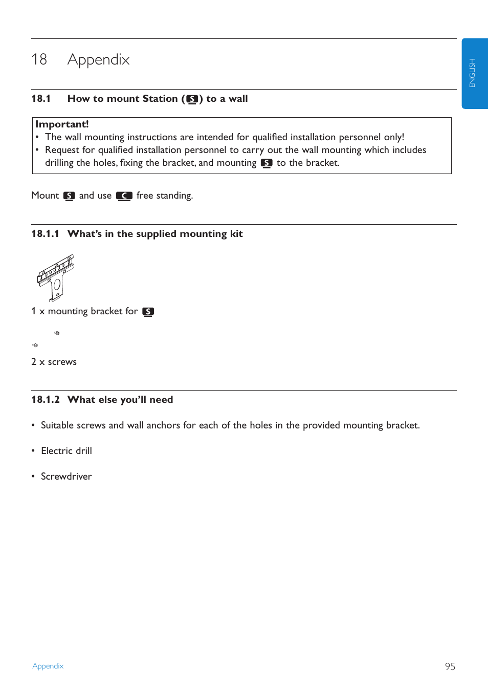 18 appendix, 1 how to mount station to, 1 what’s in the supplie | 2 what else you’ll need, 3 preparatio, Appendix, How to mount station to a wall, 1 what’s in the supplied mounting kit, 3 preparation | Philips STREAMIUN WACS7500 User Manual | Page 99 / 127