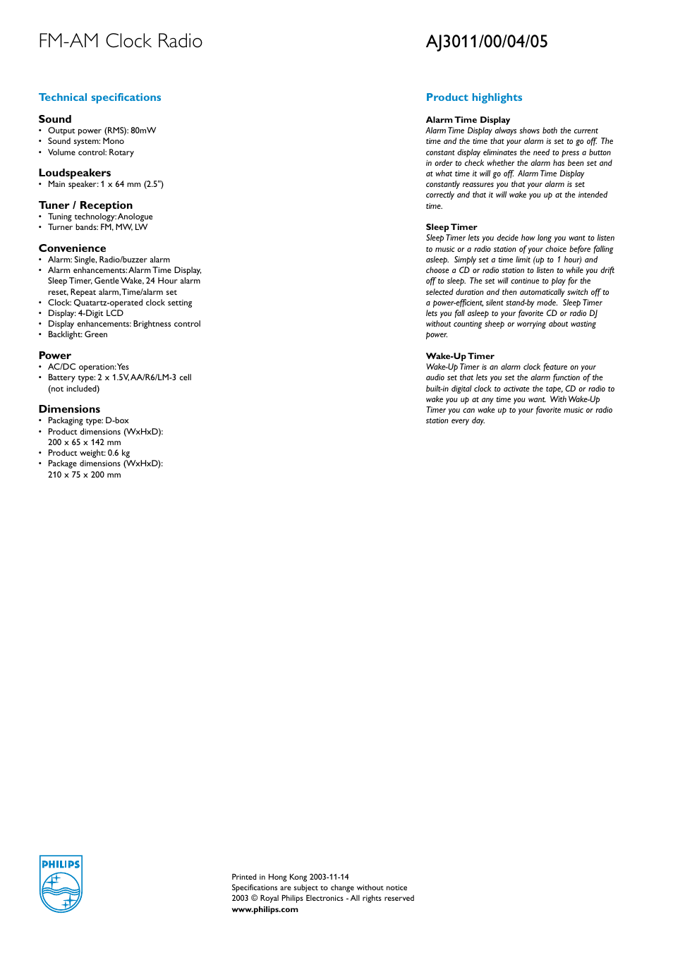 Fm-am clock radio | Philips AJ3011/04 User Manual | Page 2 / 2