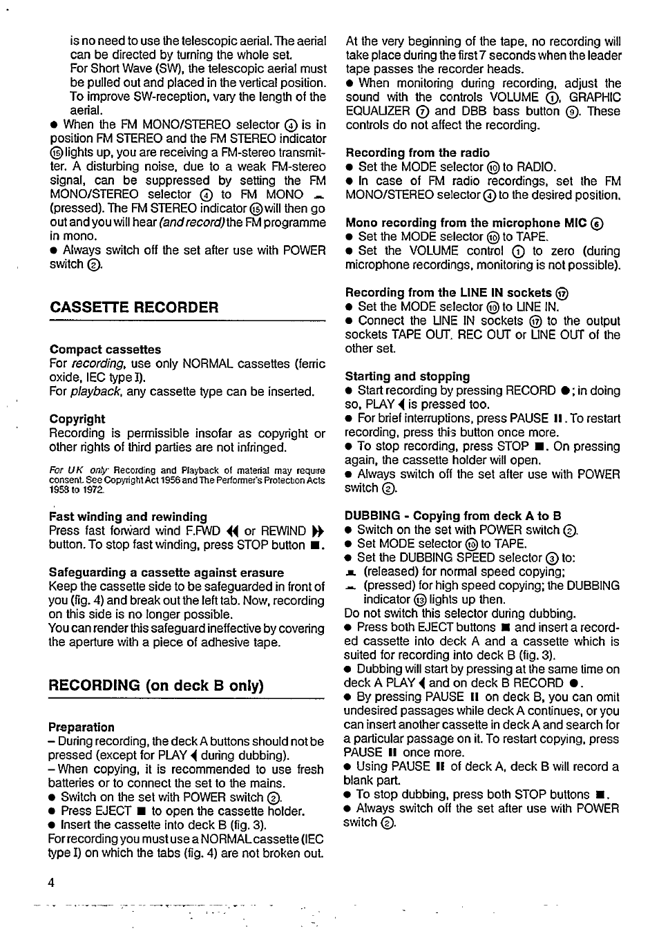 Cassette recorder, Recording (on deck в only) | Philips AW 7590 User Manual | Page 4 / 9