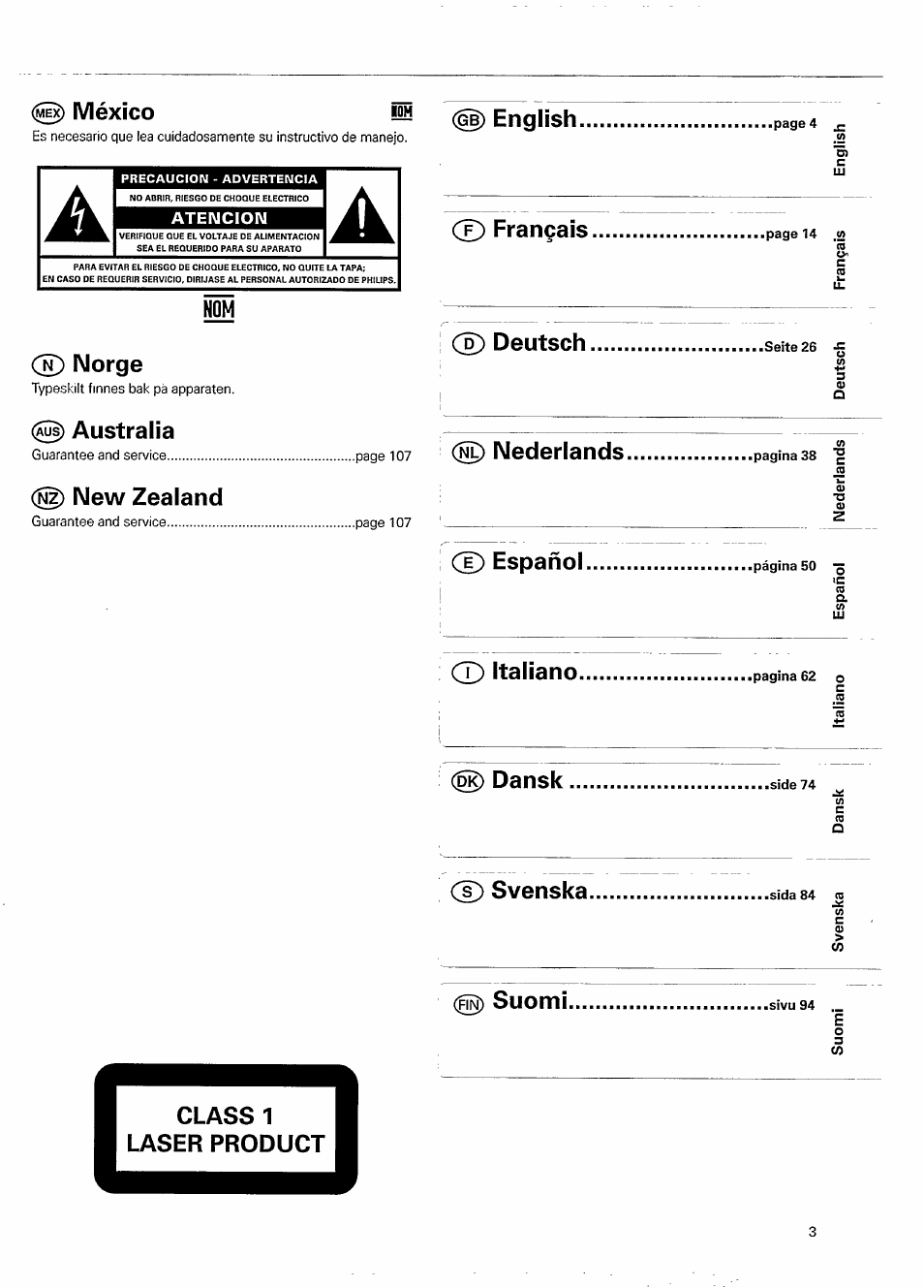 México mh, Norge, Australia | New zealand, Nederlands явш1авмвавяияявв1в врэдщэ 38, Dansk !.. ..side 74, Cd svenska b.b.b......sida 84, In) suomi ....sivu94 | Philips CD 750/00B User Manual | Page 3 / 18