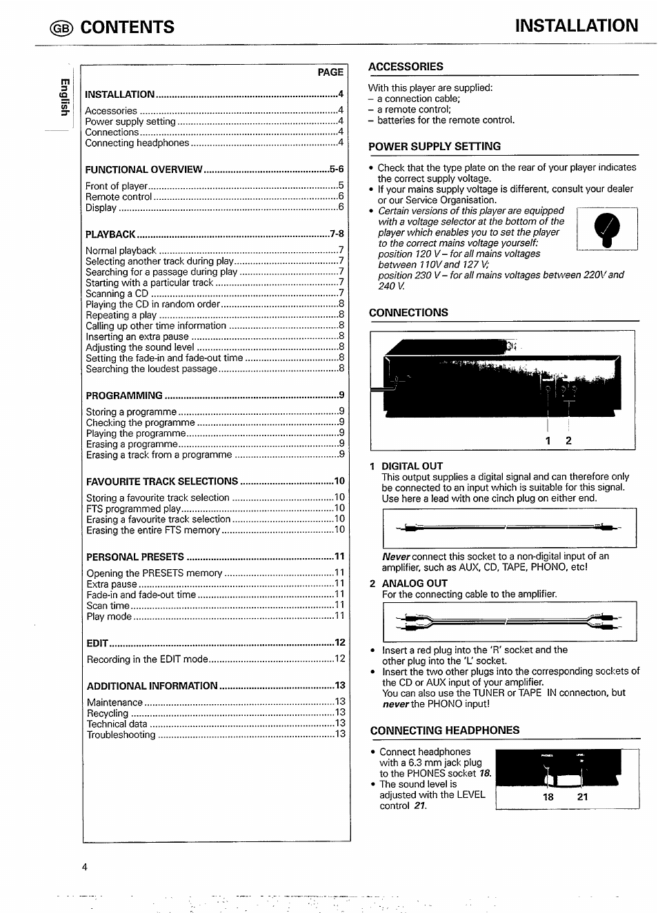 Gb) contents installation | Philips CD 750/00B User Manual | Page 4 / 18