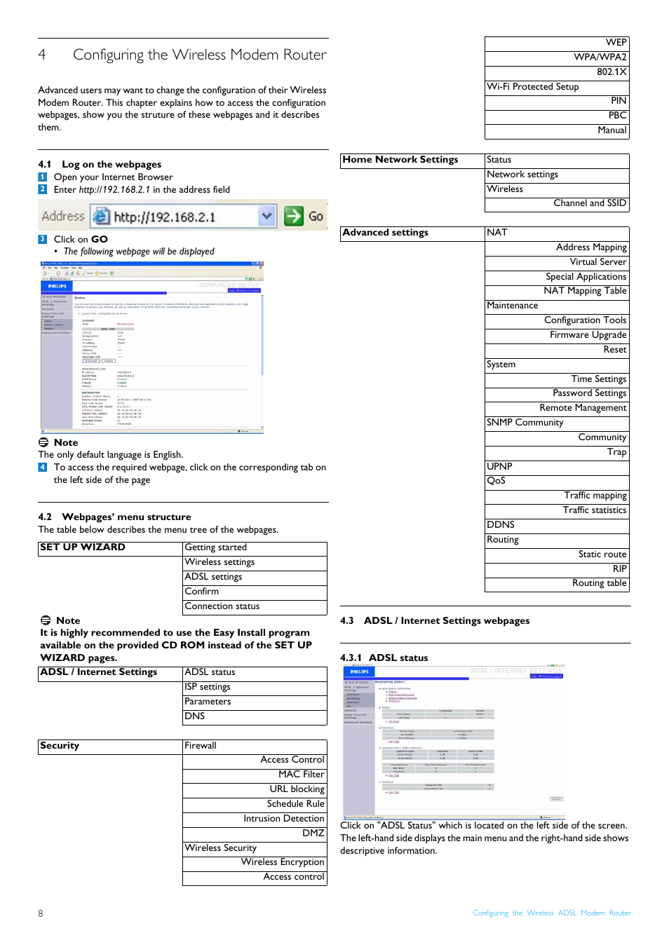 4 configuring the wireless modem router, 1 adsl status, Configuring the wireless modem router | Adsl status, 4configuring the wireless modem router | Philips CGA7740N User Manual | Page 10 / 26