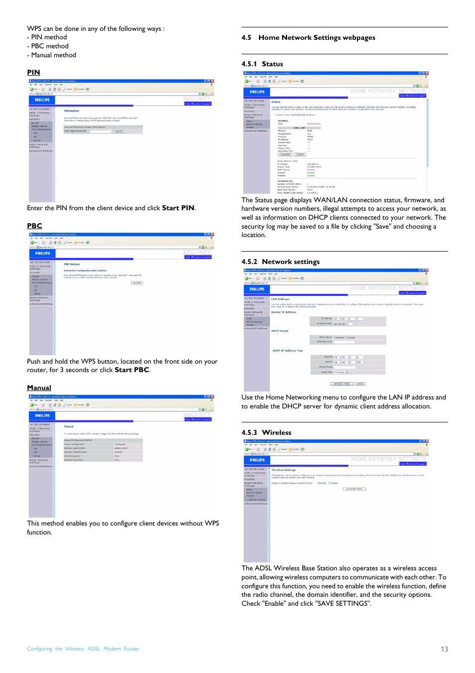 Manual, 1 status, 2 network settings | 3 wireless, Status, Network settings, Wireless | Philips CGA7740N User Manual | Page 15 / 26