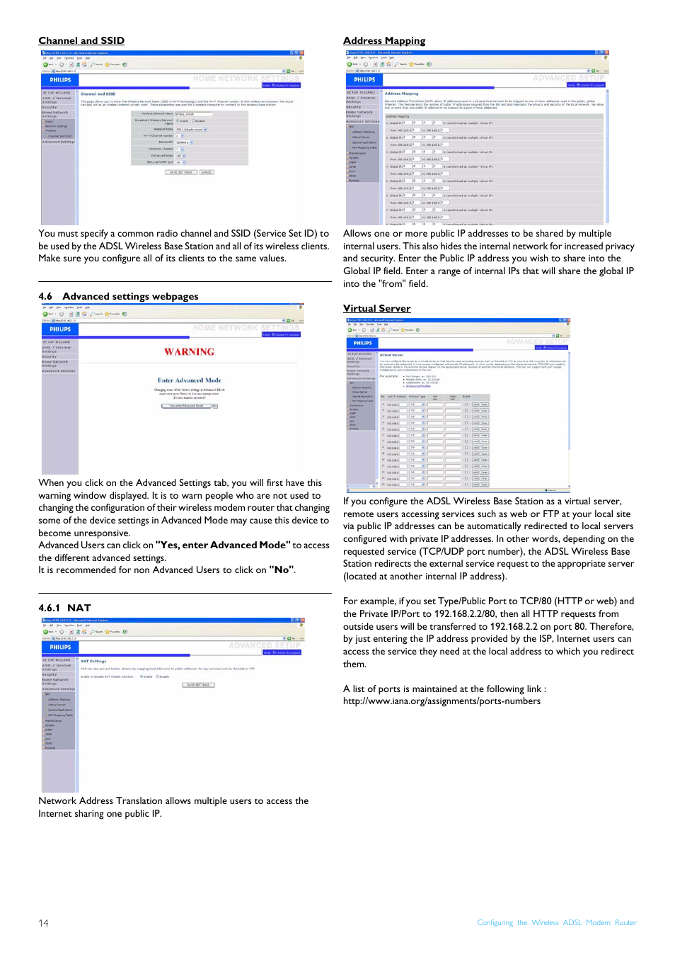 Channel and ssid, 1 nat, Address mapping | Virtual server | Philips CGA7740N User Manual | Page 16 / 26