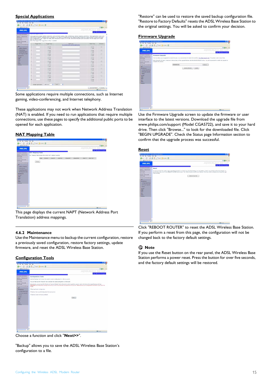 Special applications, Nat mapping table, 2 maintenance | Configuration tools, Firmware upgrade, Reset, Maintenance | Philips CGA7740N User Manual | Page 17 / 26