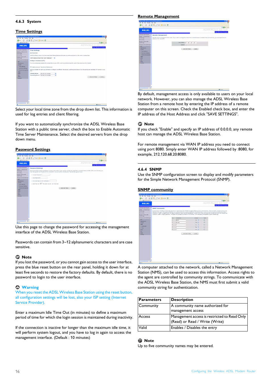 3 system, Time settings, Password settings | Remote management, 4 snmp, Snmp community, System, Snmp | Philips CGA7740N User Manual | Page 18 / 26