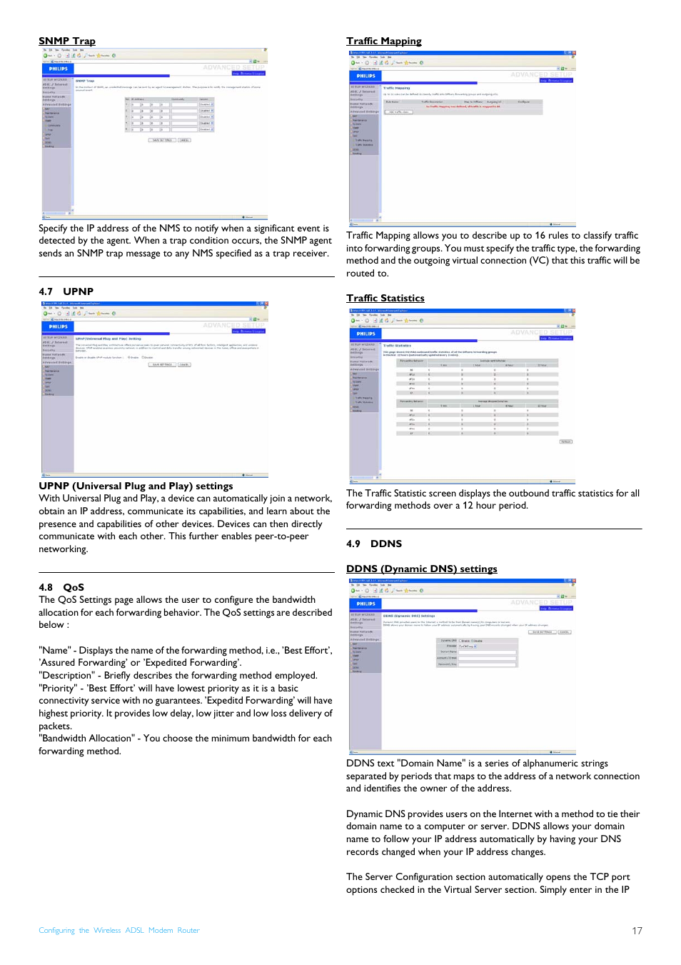 Snmp trap, 7 upnp, 8 qos | Traffic mapping, Traffic statistics, 9 ddns, Ddns (dynamic dns) settings, Upnp, Ddns | Philips CGA7740N User Manual | Page 19 / 26