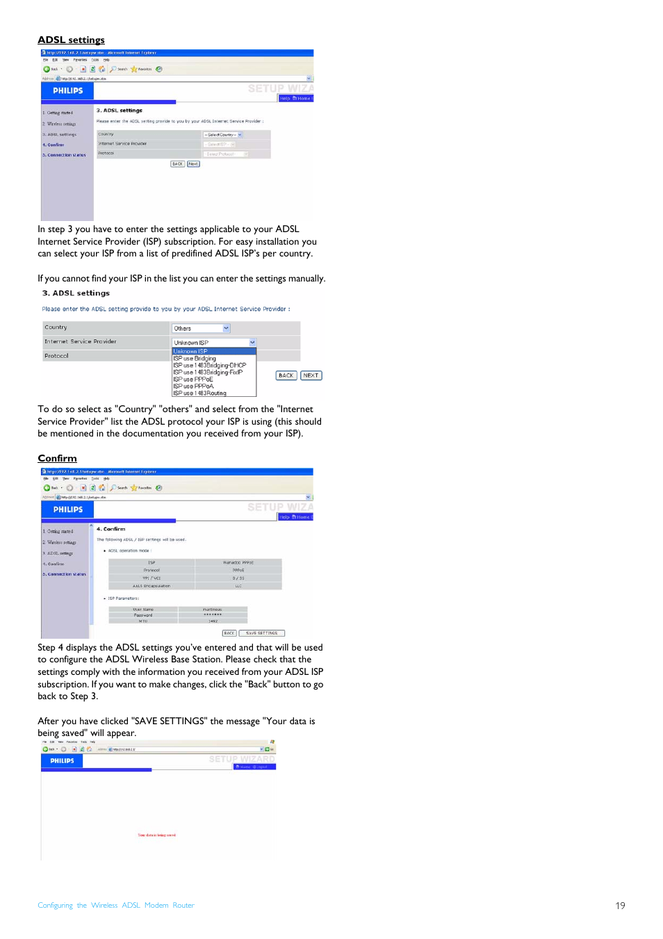 Adsl settings, Confirm | Philips CGA7740N User Manual | Page 21 / 26