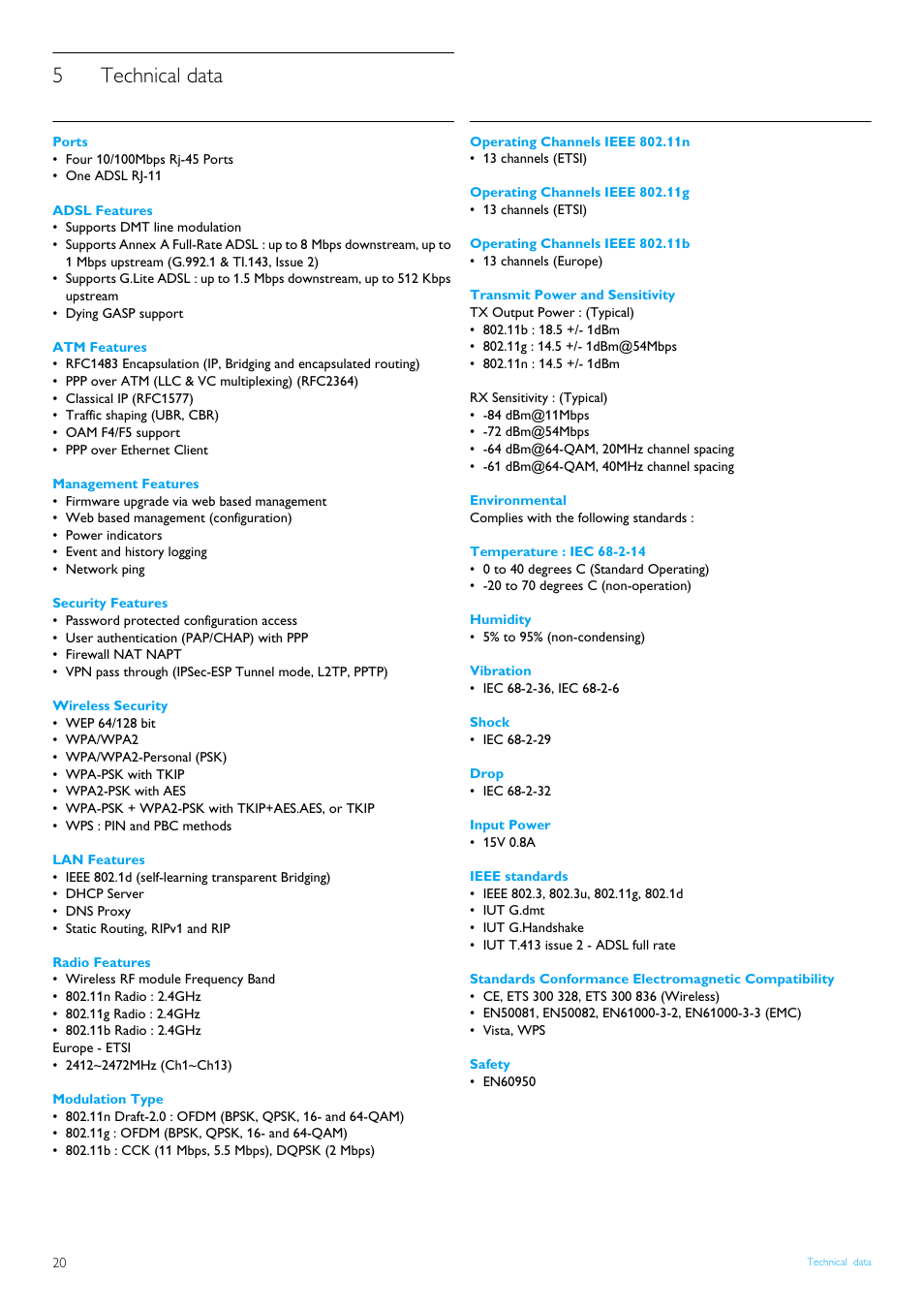 5 technical data, Ports, Adsl features | Atm features, Management features, Security features, Wireless security, Lan features, Radio features, Modulation type | Philips CGA7740N User Manual | Page 22 / 26