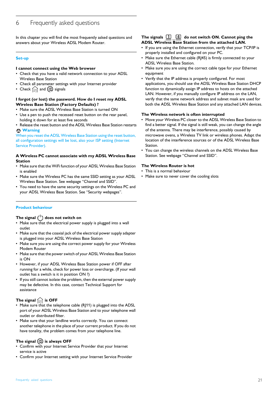 6 frequently asked questions, Set-up, Product behaviour | Frequently asked questions, 6frequently asked questions | Philips CGA7740N User Manual | Page 23 / 26