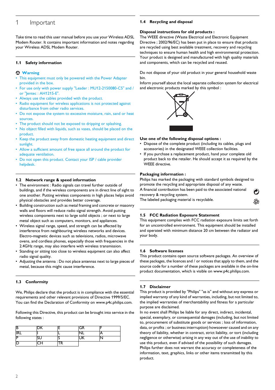 1 important, 1 safety information, 2 network range & speed information | 3 conformity, 4 recycling and disposal, 5 fcc radiation exposure statement, 6 software licenses, 7 disclaimer, Important, Safety information | Philips CGA7740N User Manual | Page 4 / 26