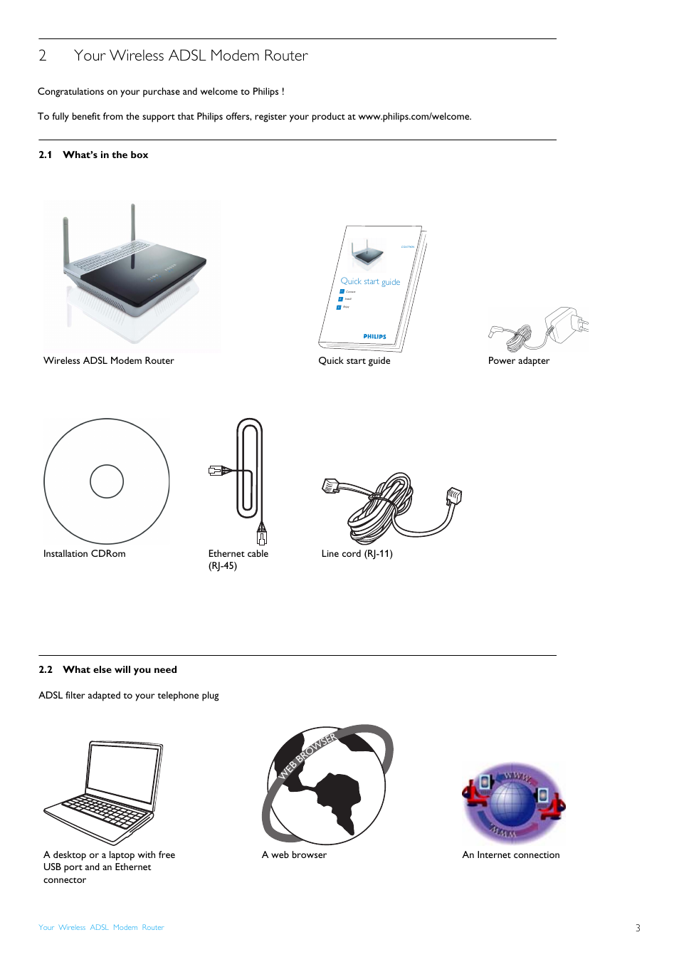 2 your wireless adsl modem router, 1 what’s in the box, 2 what else will you need | Your wireless adsl modem router, What’s in the box, What else will you need | Philips CGA7740N User Manual | Page 5 / 26