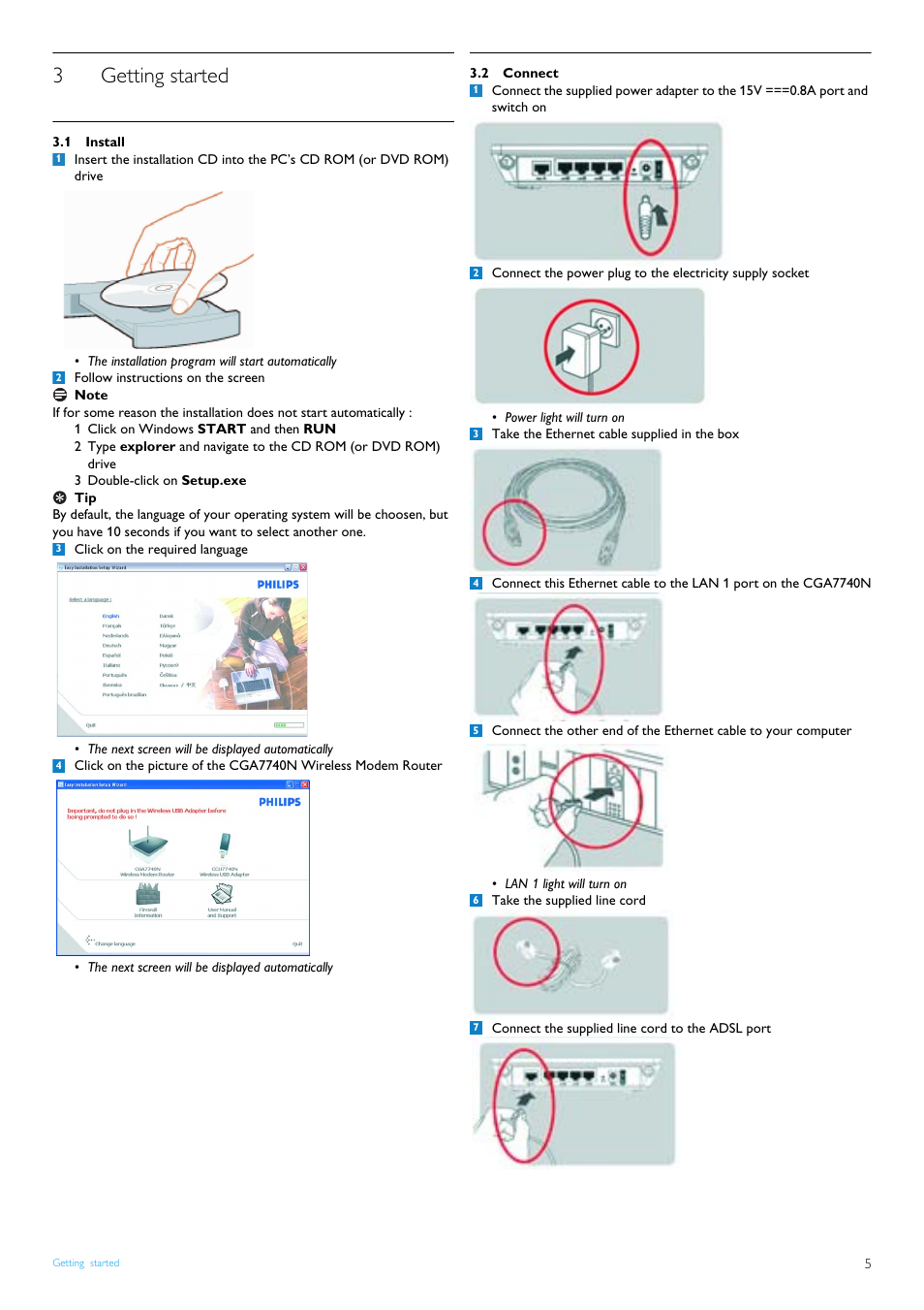 3 getting started, 1 install, 2 connect | Getting started, Install, Connect, 3getting started | Philips CGA7740N User Manual | Page 7 / 26